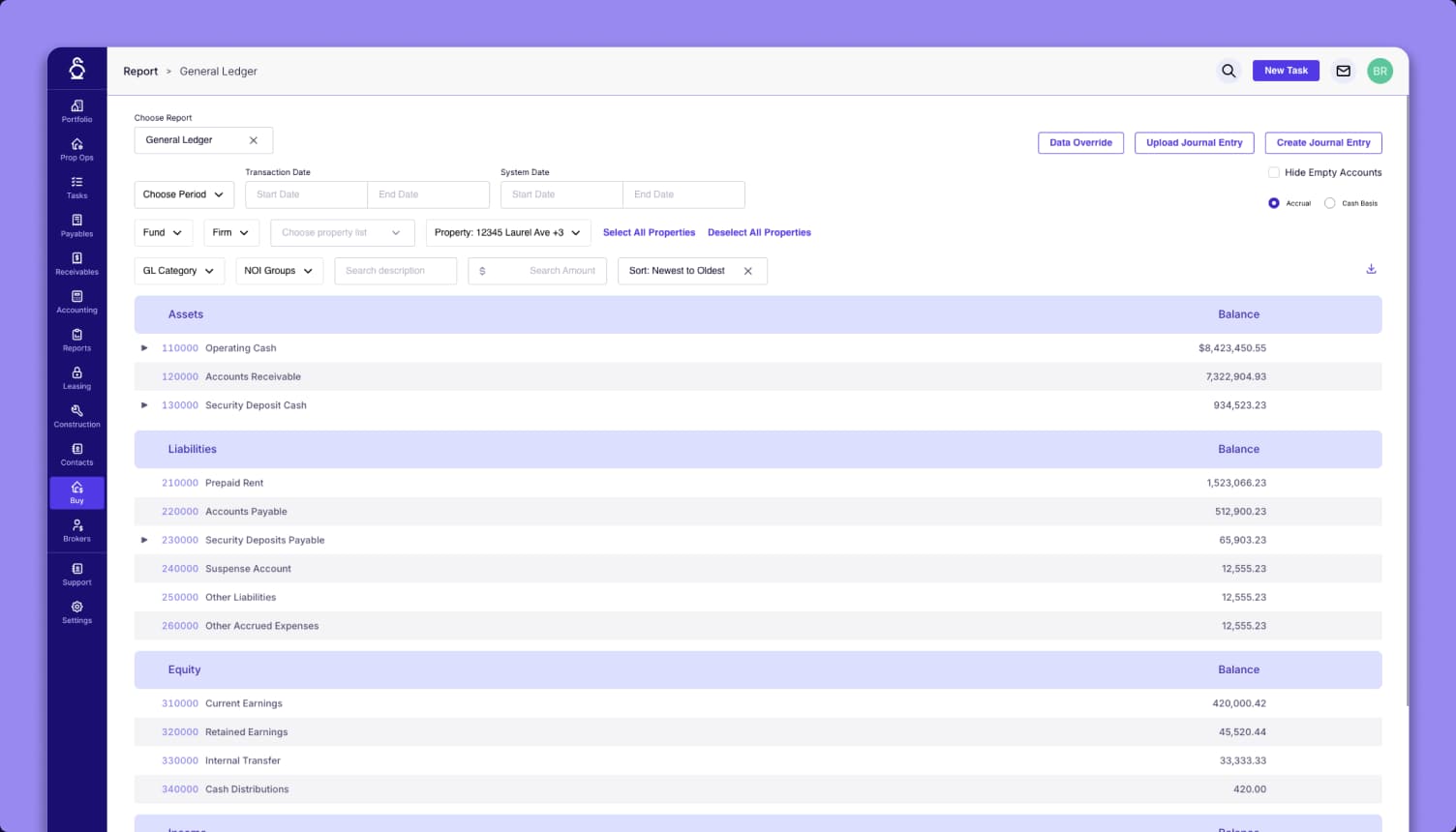 Dynamic General Ledger interface screenshot